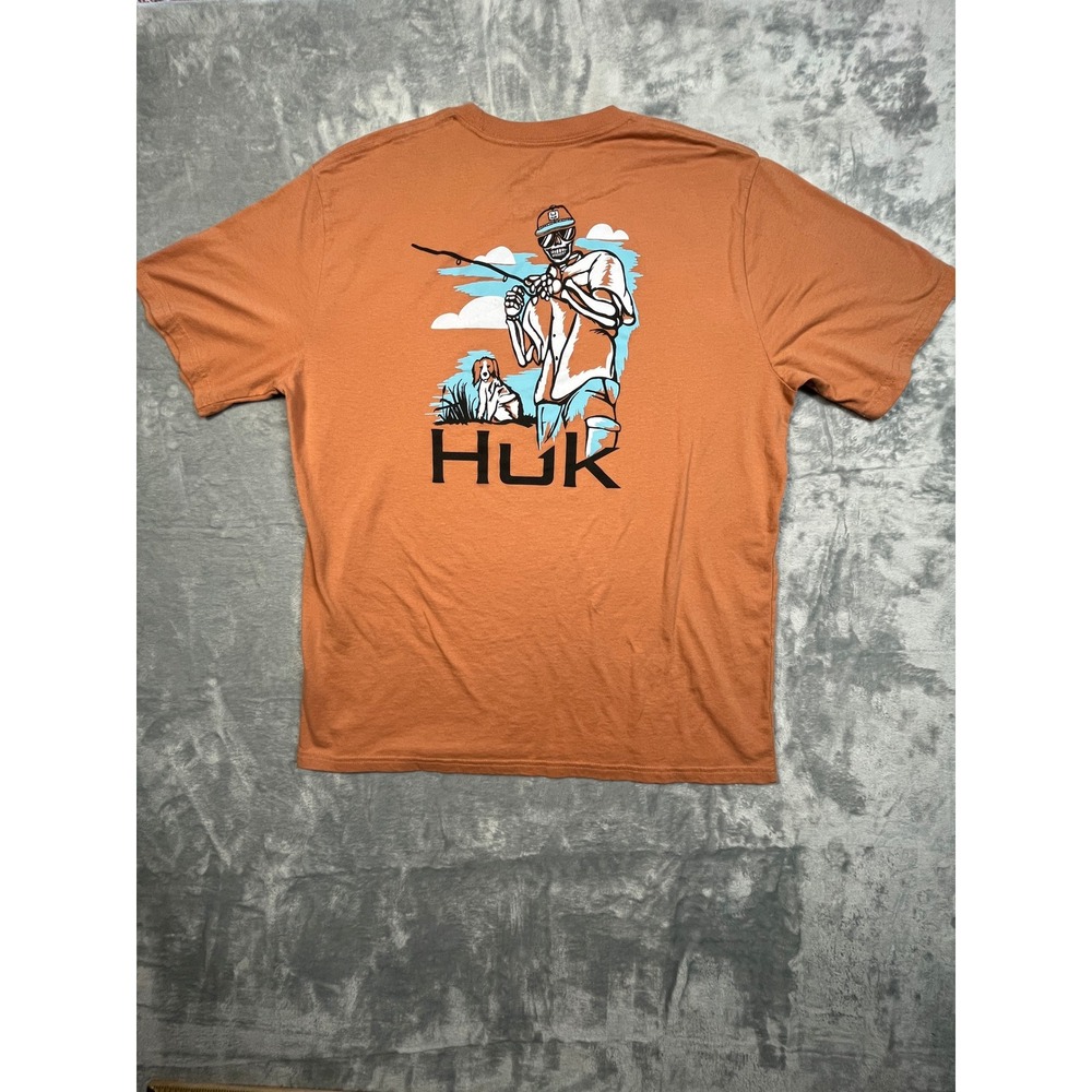 Huk Fishing T-Shirt Mens Large Burnt Orange Skeleton Fisherman Graphic Tee